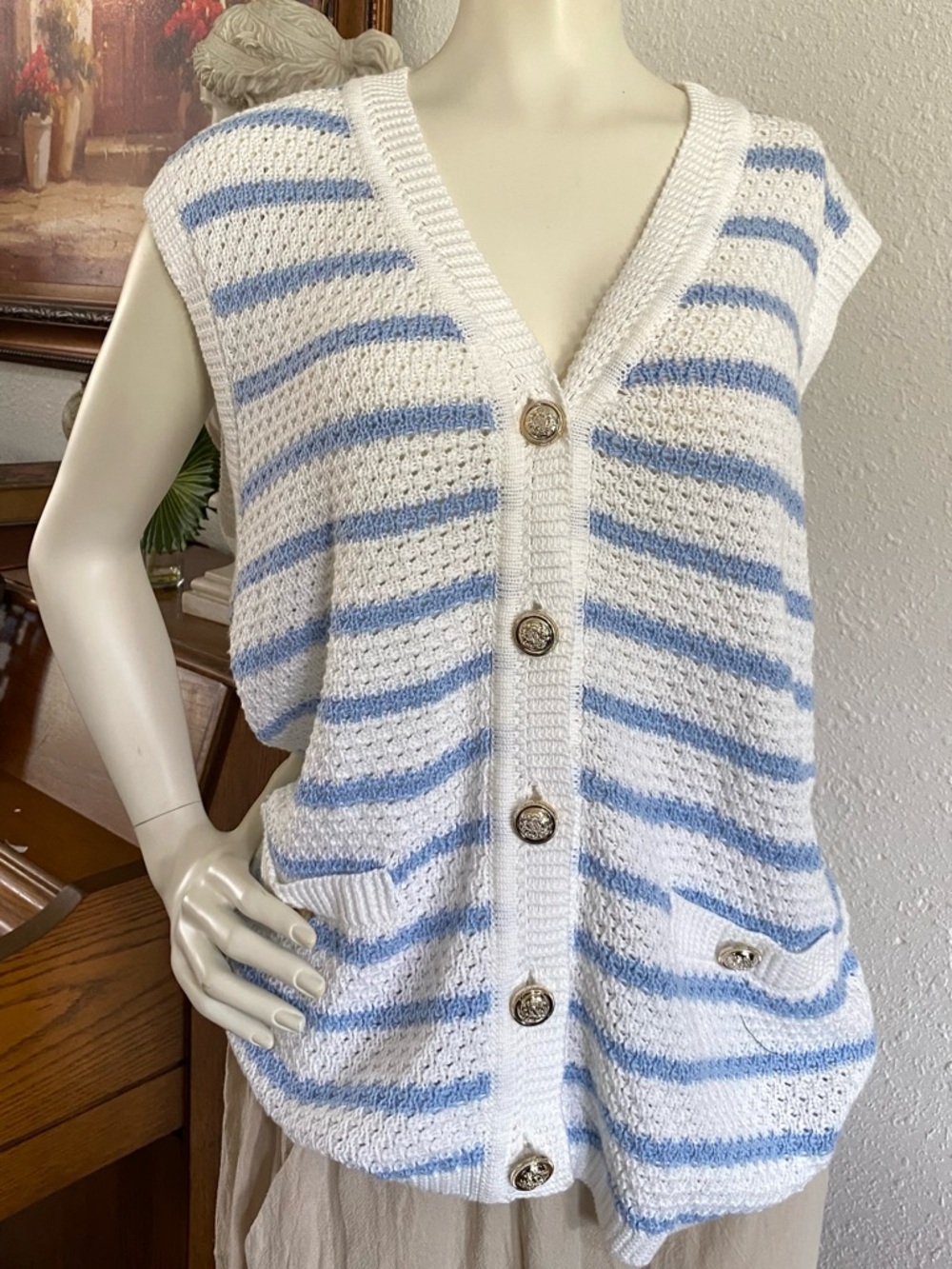 Striped Knit Button-Front Sweater Vest in White and Light Blue